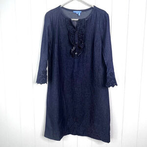 Draper James eyelet cuff embroidered chambray ruffle shift dress dark wash SZ 8